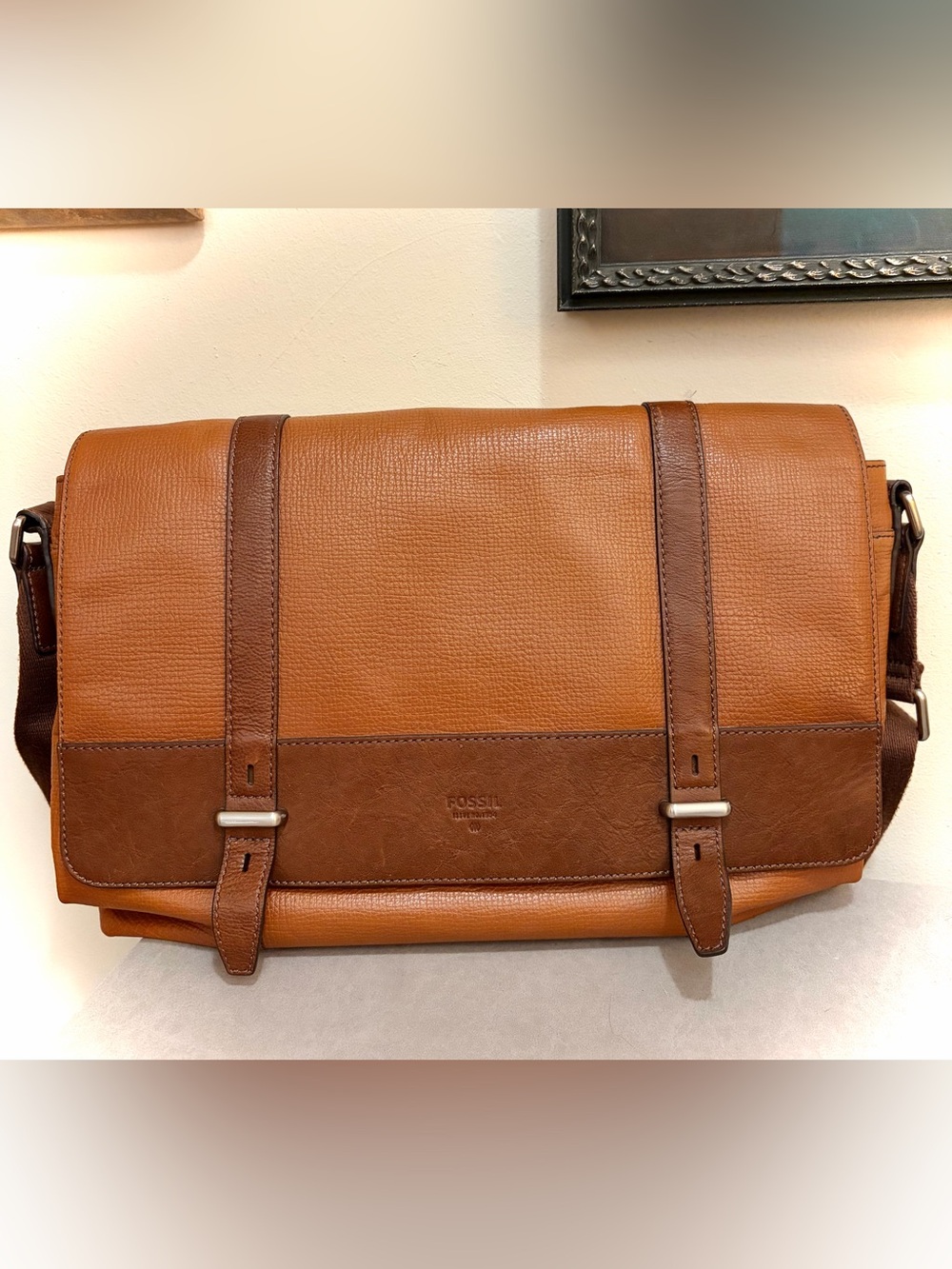 Fossil Kent Genuine Leather Canvas Messenger Bag Crossbody Satchel Cognac Brown